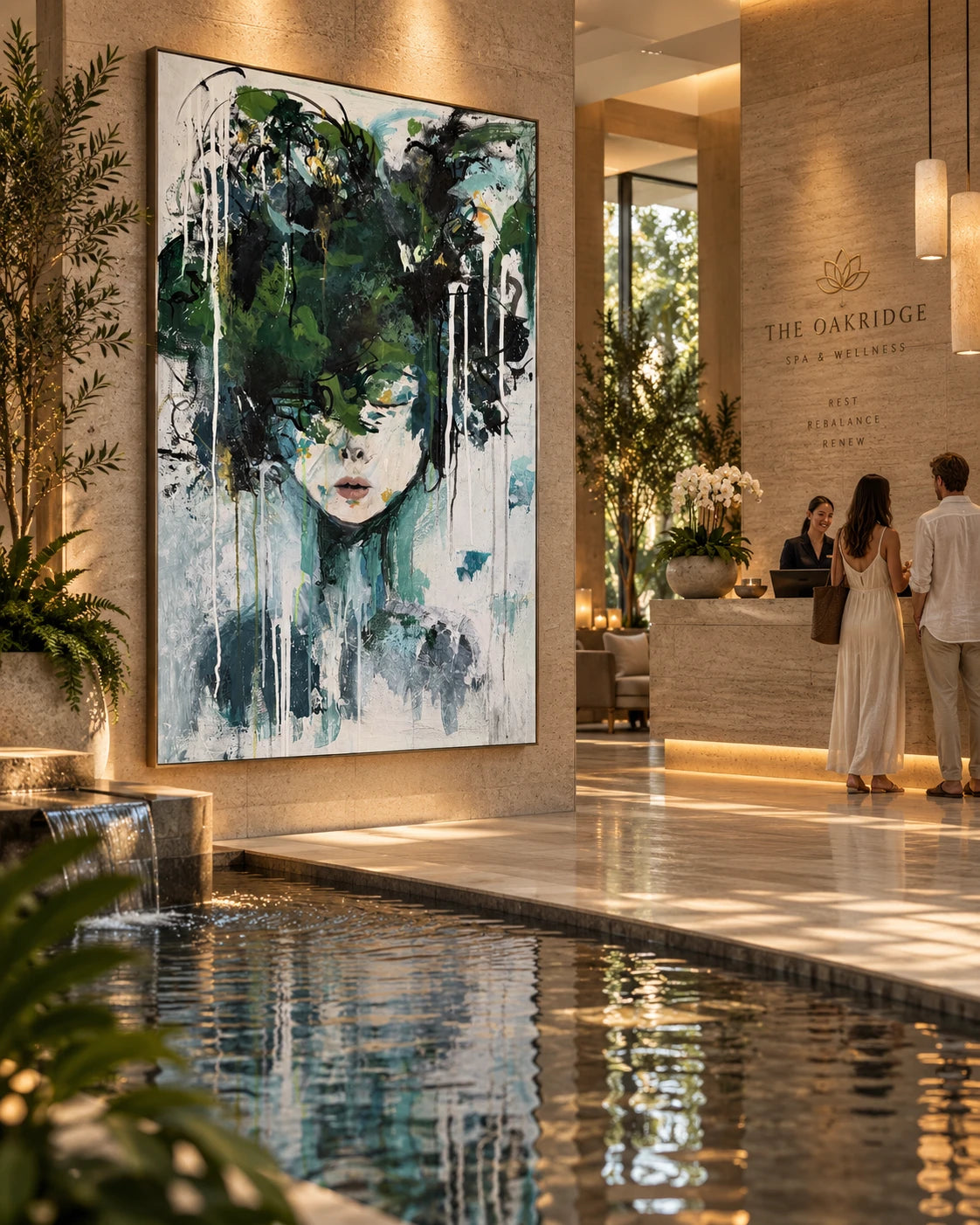Growth by Peyton Le, an original oil painting installed above a lobby water feature in a spa and wellness retreat