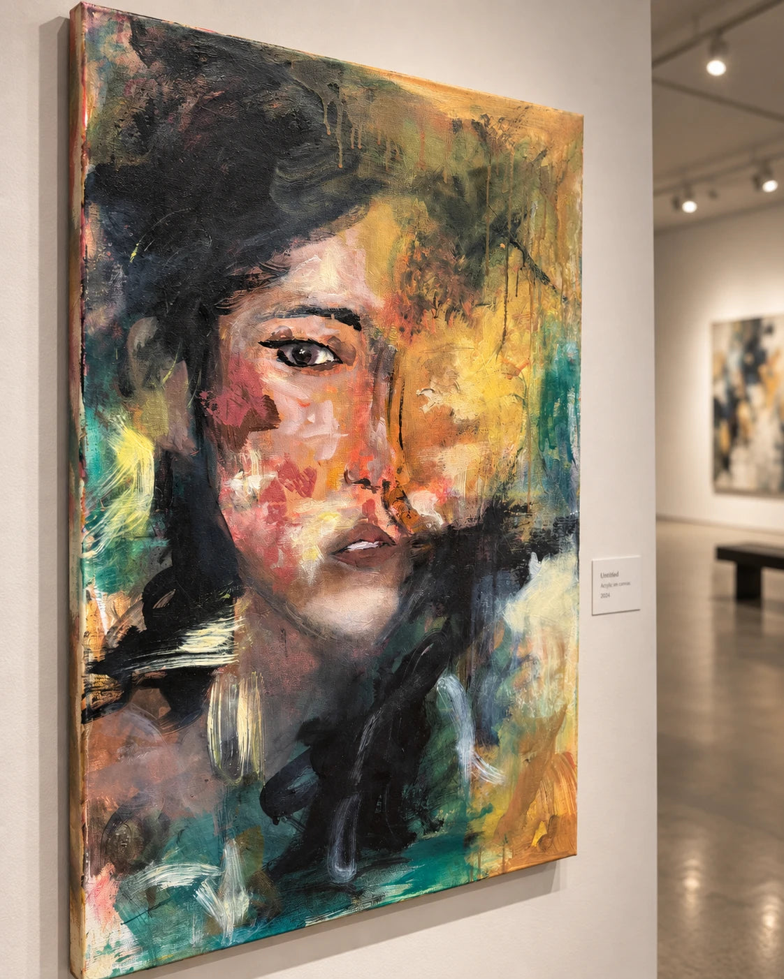 Unspoken by Peyton Le, mixed media portrait, angled close-up view with gallery wall label