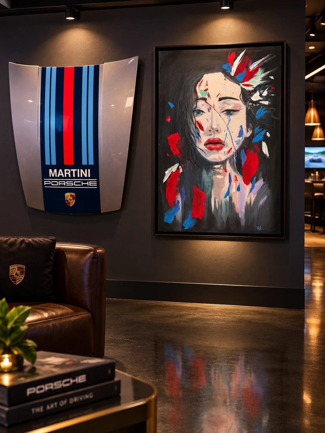 Invisible by Peyton Le, original oil painting installed at Porsche Portland Studio, near seating area