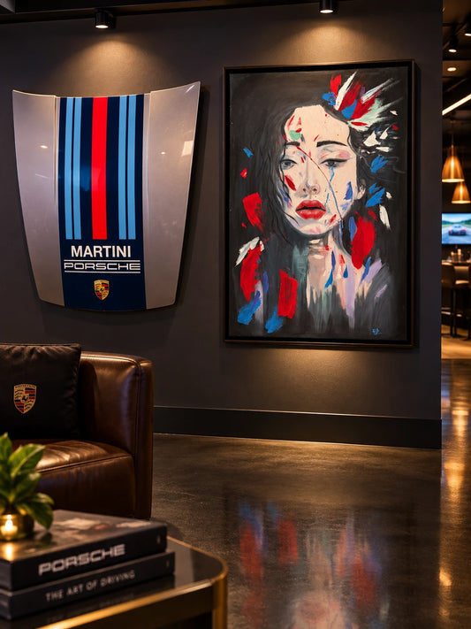 Invisible by Peyton Le, original oil painting installed at Porsche Portland Studio, near seating area