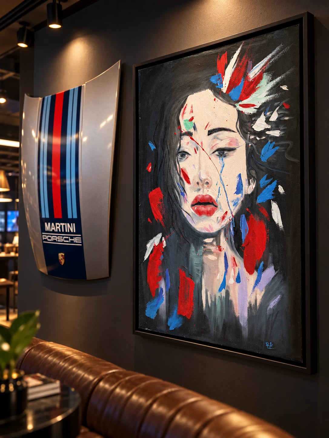 Invisible by Peyton Le, original oil painting installed at Porsche Portland Studio, angled view