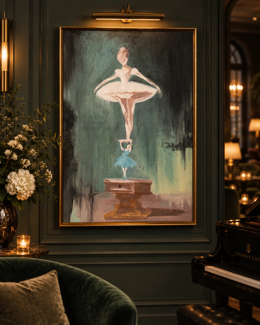 Perfect by Peyton Le, original oil painting installed in an elegant green lounge beside a grand piano, close detail