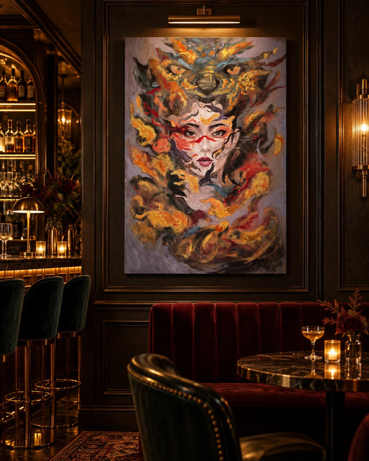 Summon by Peyton Le, an original oil painting installed above a bar in a moody hospitality lounge