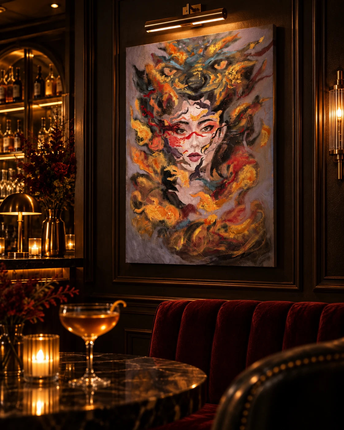 Summon by Peyton Le, original oil painting installed above a bar in a moody hospitality lounge, side angle