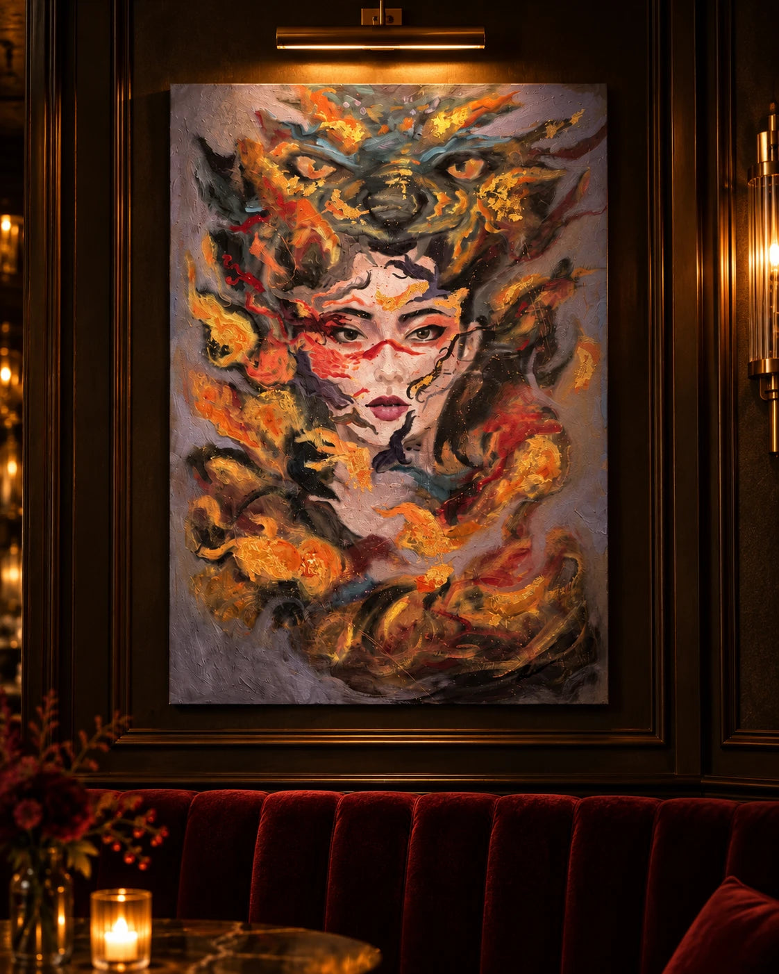 Summon by Peyton Le, original oil painting installed above a bar in a moody hospitality lounge, close crop