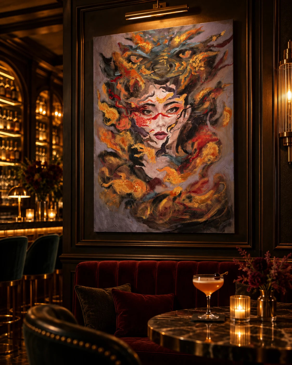 Summon by Peyton Le, original oil painting installed above a bar in a moody hospitality lounge, wide angle with seating