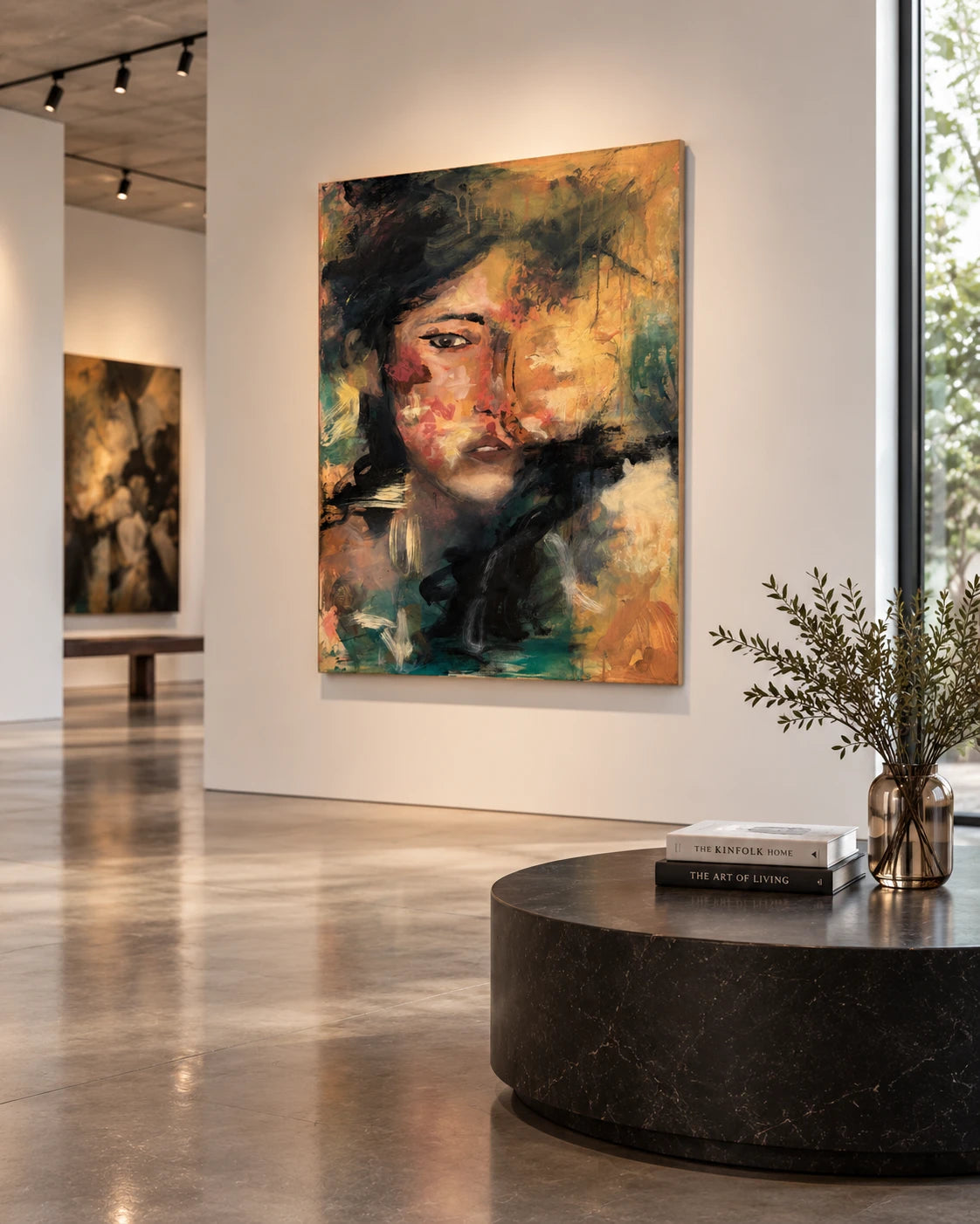 Unspoken by Peyton Le, mixed media portrait in a white-cube gallery, hallway view with second painting