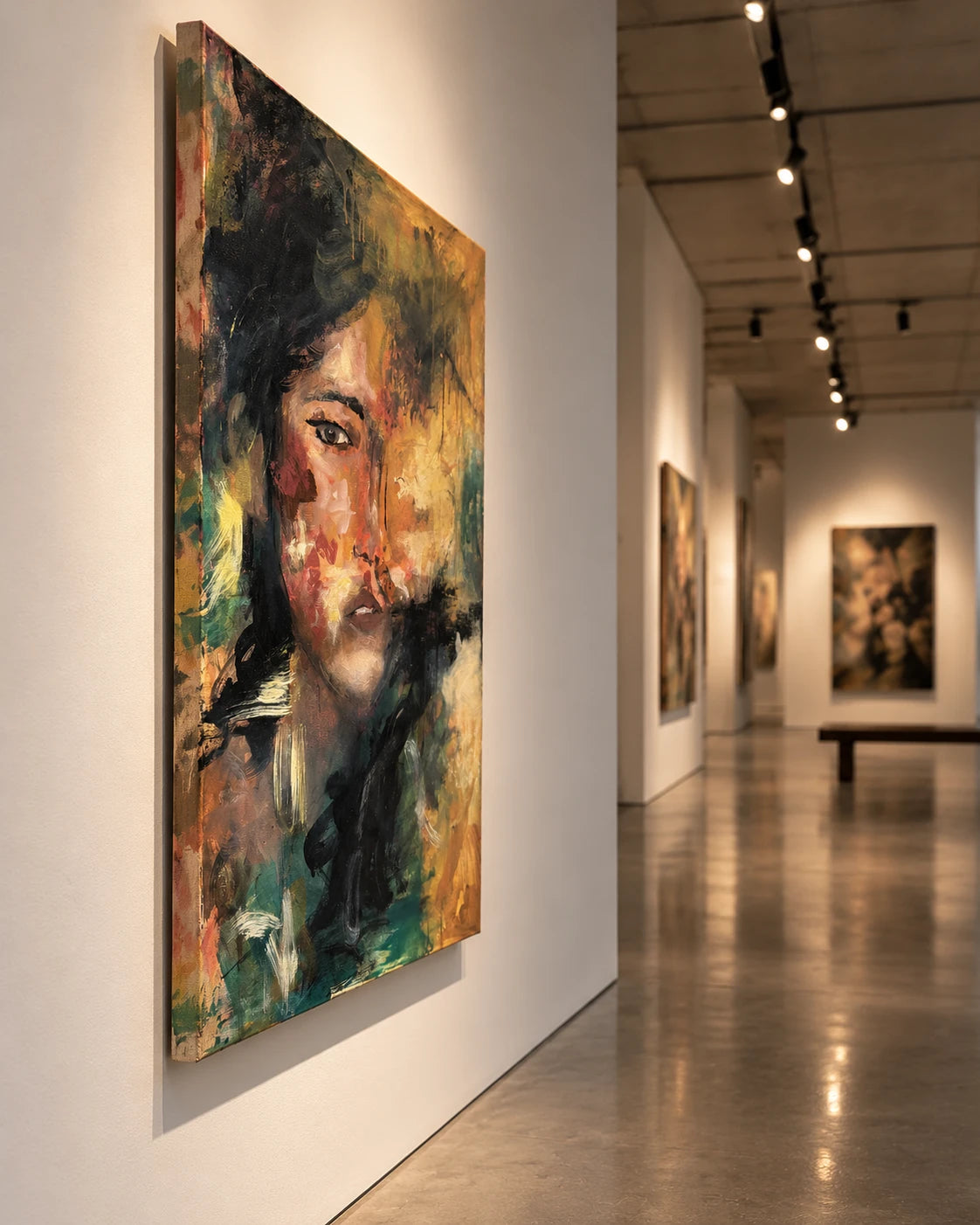Unspoken by Peyton Le, mixed media portrait, angled canvas-edge view in gallery corridor