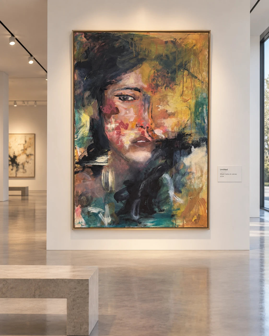 Unspoken by Peyton Le, mixed media portrait installed in a white-cube gallery space